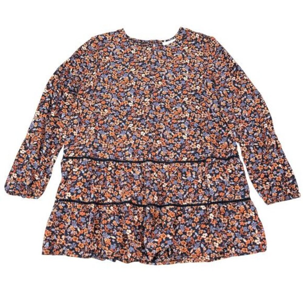 J Jill Printed Tiered Tunic Floral Size XS Navy Blue A-Line Smocked Long Sleeve - Picture 6 of 9